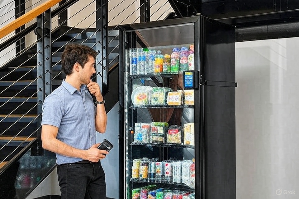 A man looking at a modern micro market smart cooler with a self-checkout touchscreen in an office stairwell.